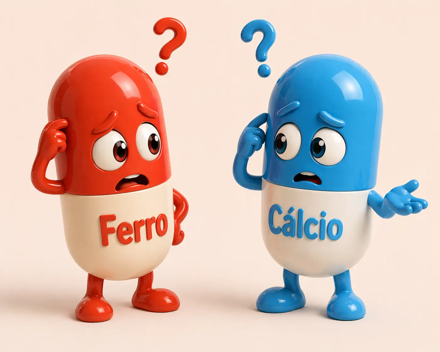 Mascotes Ferro e Cálcio confusos com pontos de interrogação